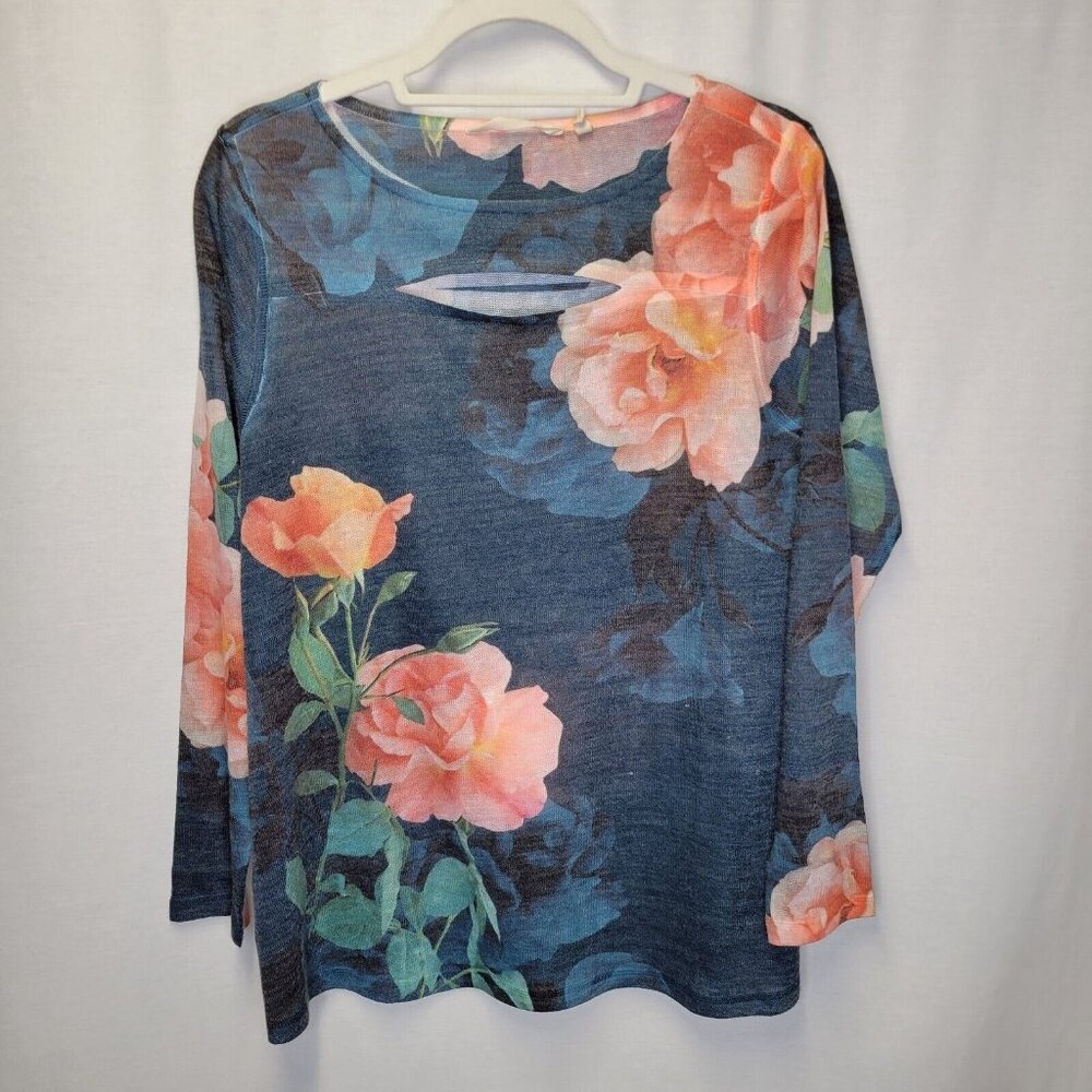 Soft Surroundings Women's Medium Lightweight Sweater Blue Floral Slash Neck